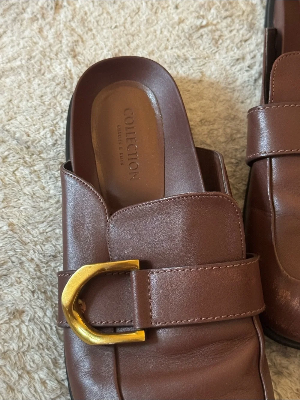 Charles and Keith Gabine Buckled Leather Loafer Mules​ - Brown Size 40 / 9